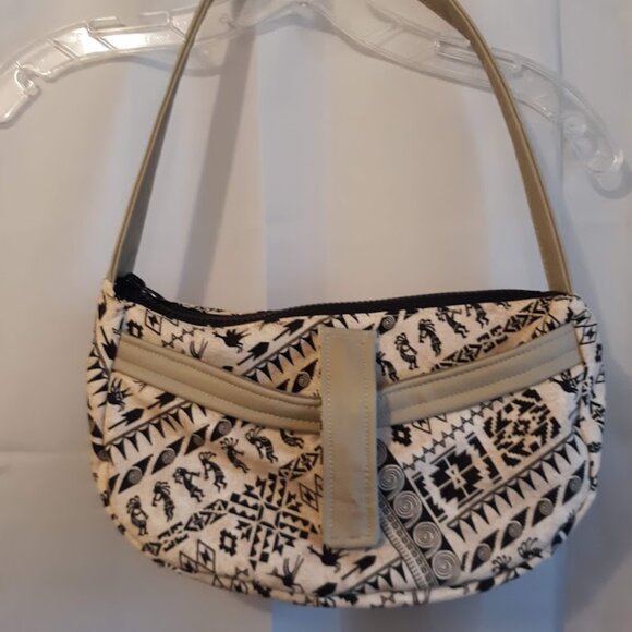 New Southwestern ethnic print Kokopelli Purse Tan Black Vinyl trim shoulder bag - Picture 1 of 9